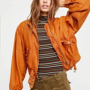 Free People Poet Puff Sleeve Jacket Large Burnt Orange Linen Blend